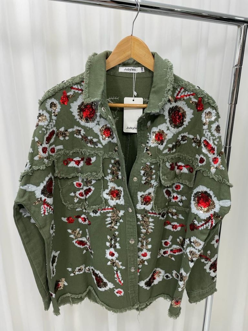 Olive Sequin-Embellished Utility Jacket
